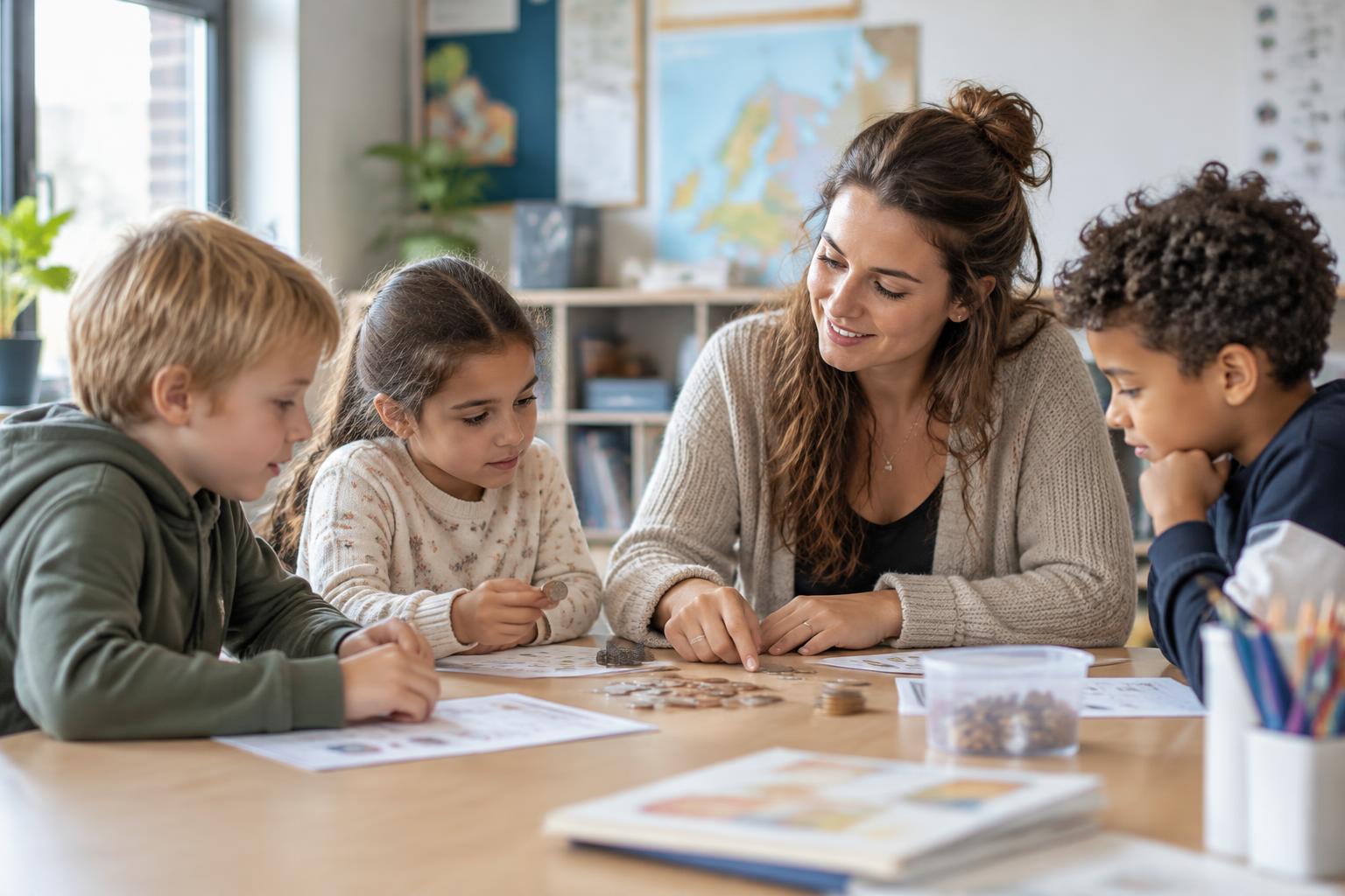 Medewerker van 1801 begeleidt leerlingen tijdens een les over geld